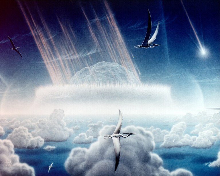 This painting for NASA by Donald E. Davis depicts an asteroid slamming into the Yucatan Peninsula as pterodactyls glide above low tropical clouds.