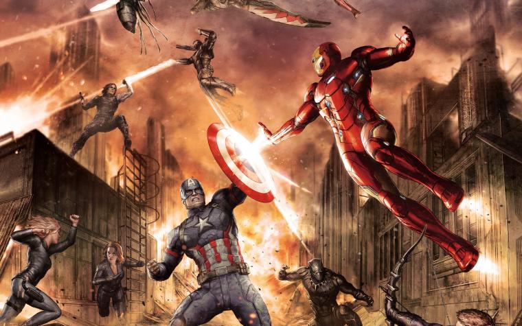 Captain America and other superheroes in a destructive battle.